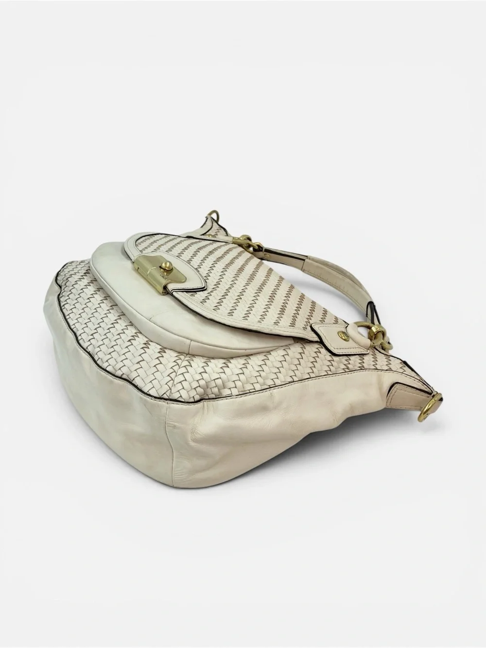 Coach Kristin Woven Leather Hobo Shoulder Bag Ivory Cream Gold Tone